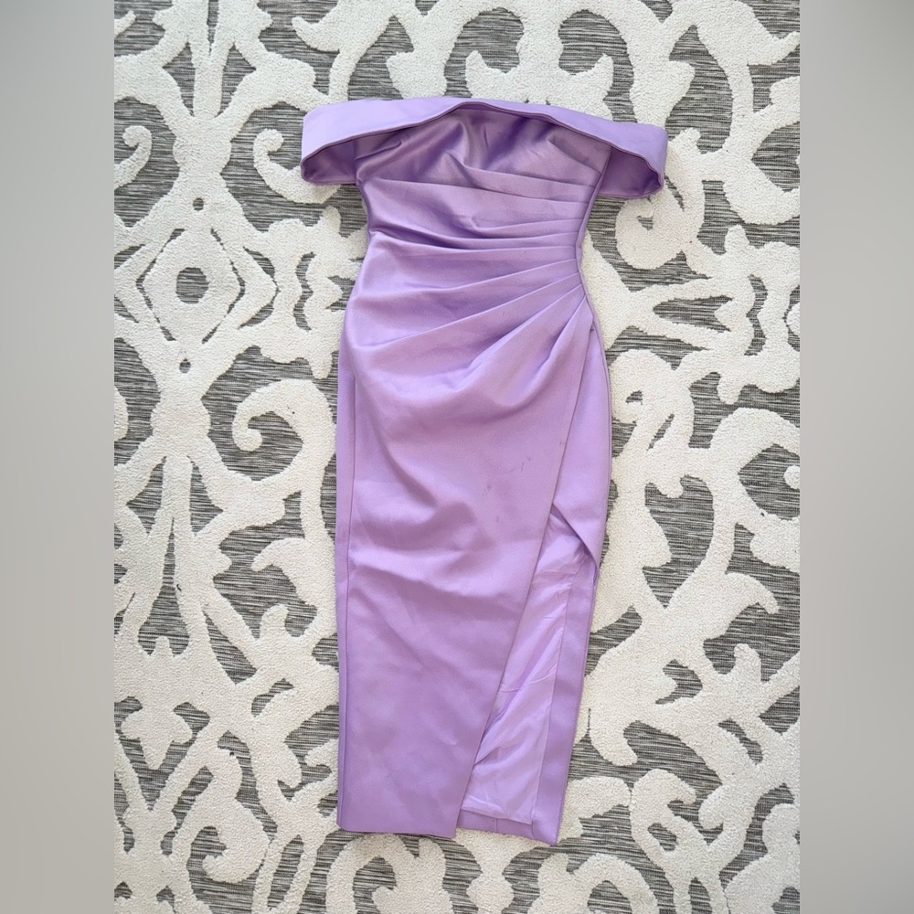 Lavish Alice Dress Lola Off The Shoulder Satin Cocktail Midi Purple SZ 2